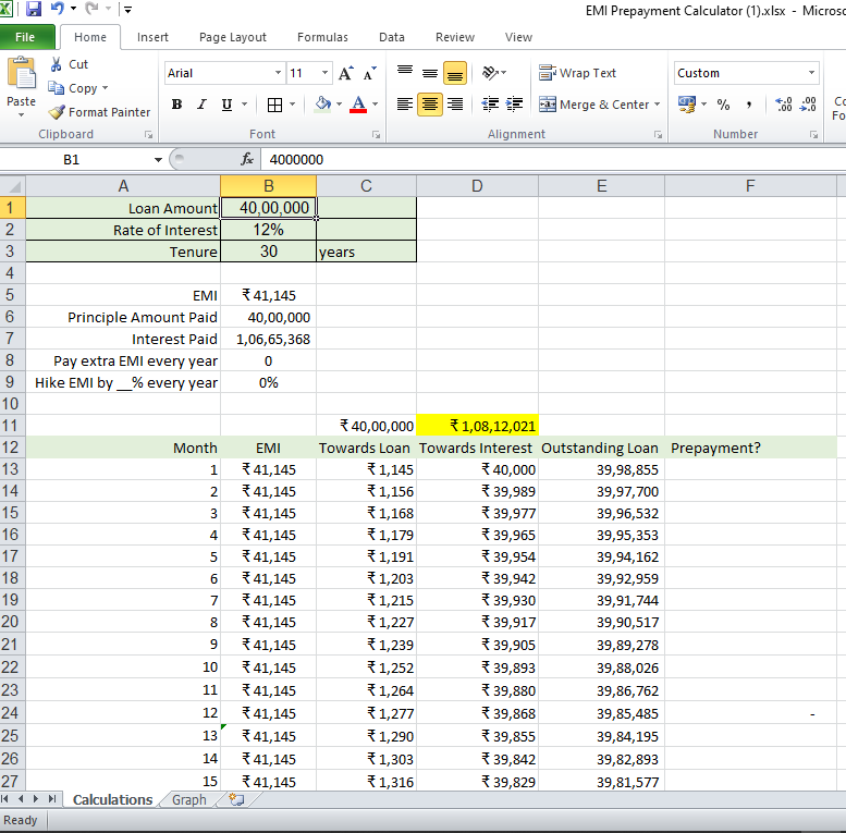 Personal Loan Emi Calculator Excel Sheet With Prepayment Option Download