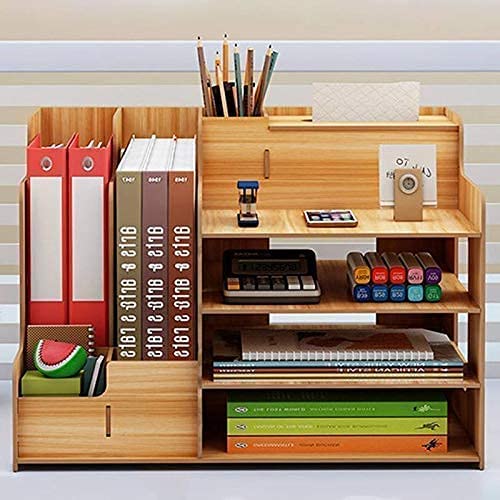 TILCHINH New Multi-Function Desktop 4-Layer Wooden Organizer Wooden Storage Box Office File Tray Adjustable Wood Display Shelf Tissue Holder with Pen Holde